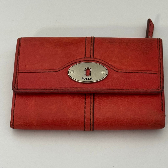 Vintage Fossil Marlow Orange Coral Genuine Leather Tri-Fold Flip Clutch Wallet - Picture 1 of 7